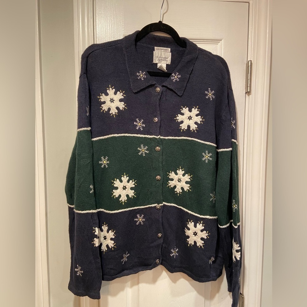 VTG Christopher & Banks Size XL Snowflake Sweater Hand Embroidered Button Front